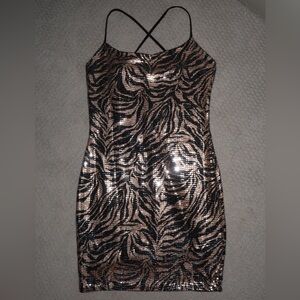 Endless Blu tiger print sequin cross back dress medium